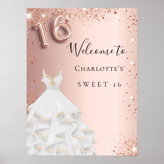 Sweet 16 roos gouden jurk wit welkom poster (Voorkant)