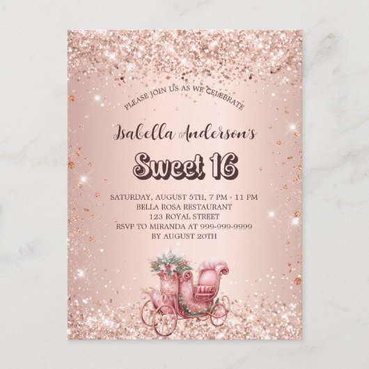 Sweet 16 roos gouden koets elegant uitnodiging briefkaart (Voorkant)
