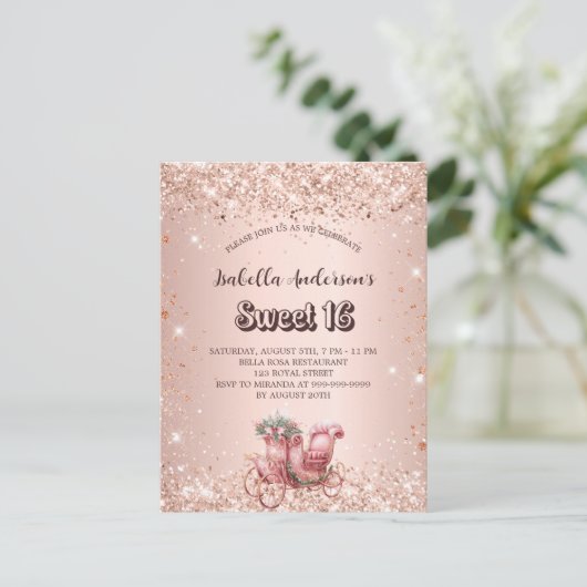 Sweet 16 roos gouden koets elegant uitnodiging briefkaart (Staand voorkant)