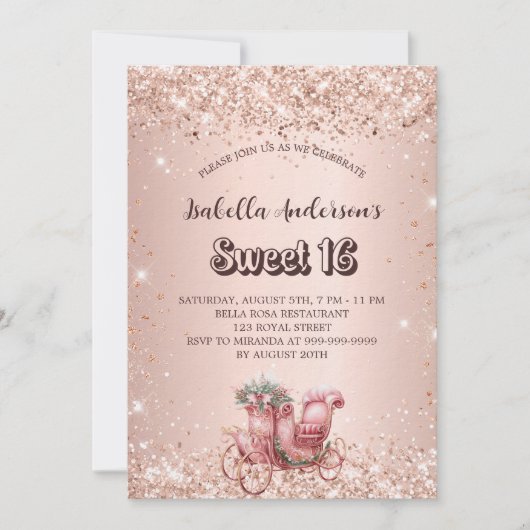 Sweet 16 roos gouden koets luxe kaart (Voorkant)