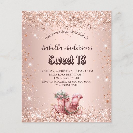 Sweet 16 roos gouden koets uitnodiging (Voorkant)