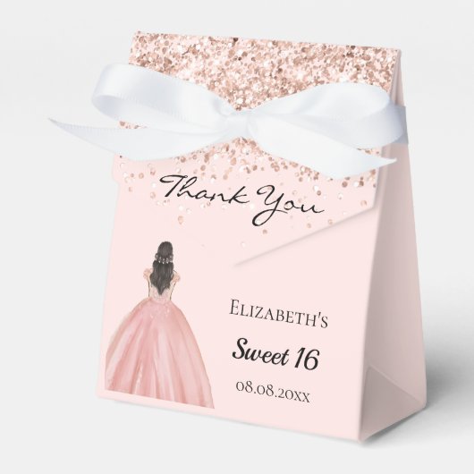 Sweet 16 roos gouden prinsessenjurk bedankdoosjes (Voorkant Zijde)