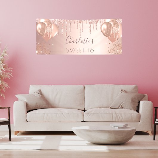 Sweet 16 roos gouden roze druppels ballonnen welko spandoek