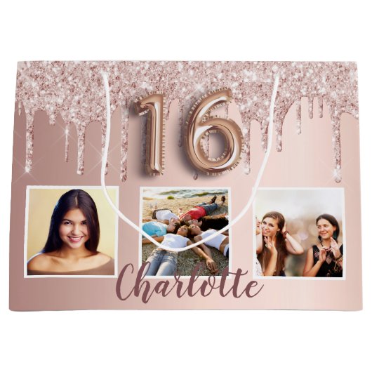 Sweet 16 roos gouden roze druppels foto monogram groot cadeauzakje (Voorkant)
