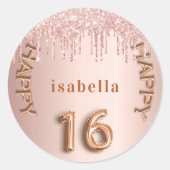 Sweet 16 roos gouden roze glitter druppels ronde sticker (Voorkant)