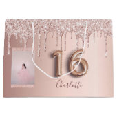 Sweet 16 roos gouden roze glitter foto monogram groot cadeauzakje (Voorkant)