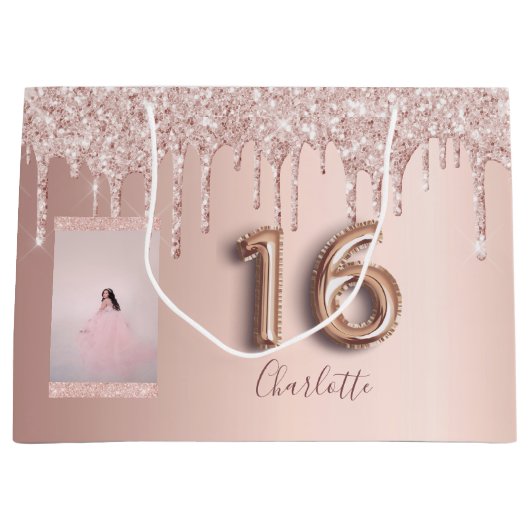 Sweet 16 roos gouden roze glitter foto monogram groot cadeauzakje (Voorkant)