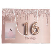 Sweet 16 roos gouden roze glitter foto monogram groot cadeauzakje (Achterkant)