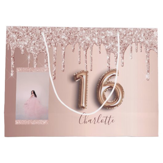 Sweet 16 roos gouden roze glitter foto monogram groot cadeauzakje (Achterkant)