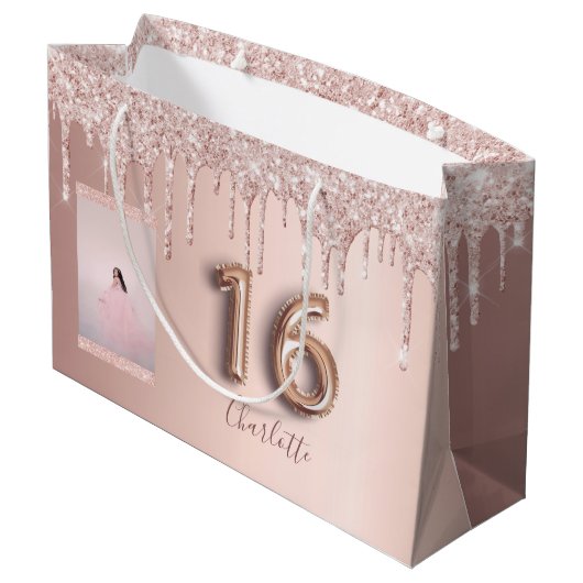 Sweet 16 roos gouden roze glitter foto monogram groot cadeauzakje (Achterkant Gekanteld)