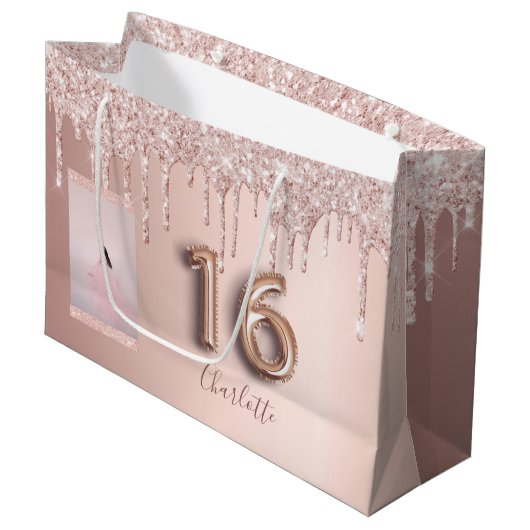 Sweet 16 roos gouden roze glitter foto monogram groot cadeauzakje (Voorkant Gekanteld)