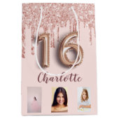 Sweet 16 roos gouden roze glitter foto monogram medium cadeauzakje (Voorkant)