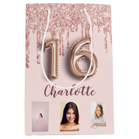 Sweet 16 roos gouden roze glitter foto monogram medium cadeauzakje (Voorkant)