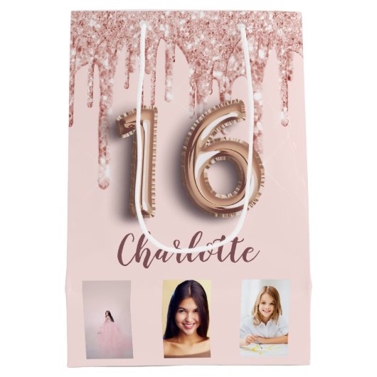 Sweet 16 roos gouden roze glitter foto monogram medium cadeauzakje (Achterkant)