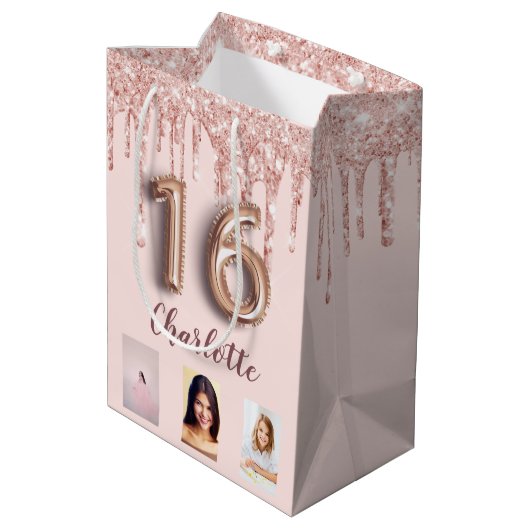 Sweet 16 roos gouden roze glitter foto monogram medium cadeauzakje (Achterkant Gekanteld)