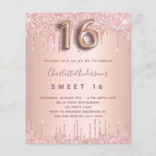 Sweet 16 roos gouden roze uitnodiging (Voorkant)