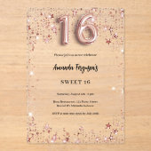 Sweet 16 roos gouden sterren Clear Party Acryl Uitnodigingen (Voorkant)