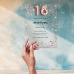 Sweet 16 roos gouden sterren Clear Party Acryl Uitnodigingen<br><div class="desc">Voor een elegant Sweet 16,  16e verjaardagsfeestje. Een heldere en transparante achtergrond. Versierd met rozen gouden sterren en nummer 16,  geschreven met een fontje in ballonstijl. Personaliseer en voeg jouw namen en partijgegevens toe.</div>