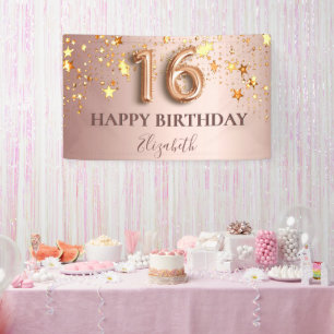 Sweet 16 roos gouden sterren roze welkom spandoek