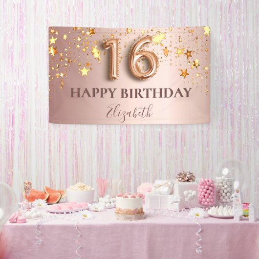 Sweet 16 roos gouden sterren roze welkom spandoek (Feest)