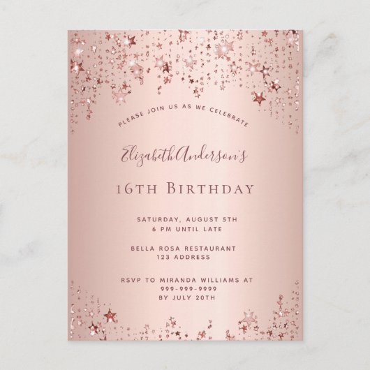 Sweet 16 roos gouden sterren uitnodiging (Voorkant)