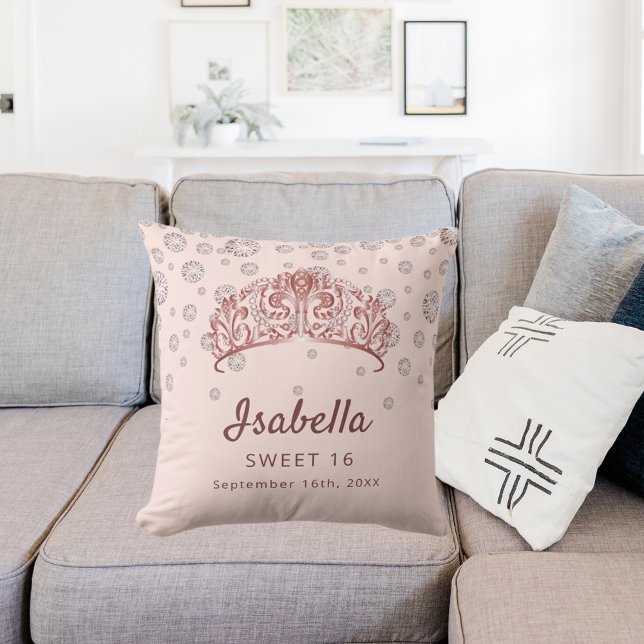 Sweet 16 roos gouden tiara kroonroze monogram kussen (Creator heeft geüpload)
