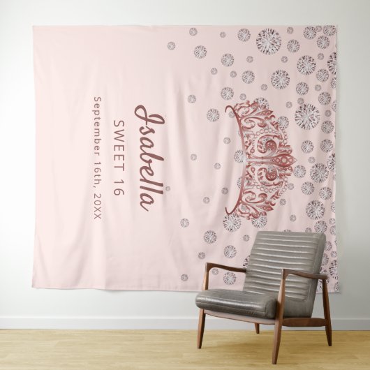 Sweet 16 roos gouden tiara kroonroze monogram wandkleed (In Situ (horizontaal))