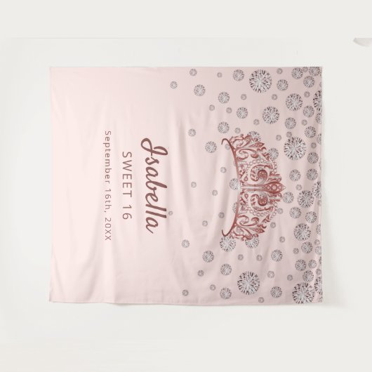 Sweet 16 roos gouden tiara kroonroze monogram wandkleed (Voorkant (horizontaal))