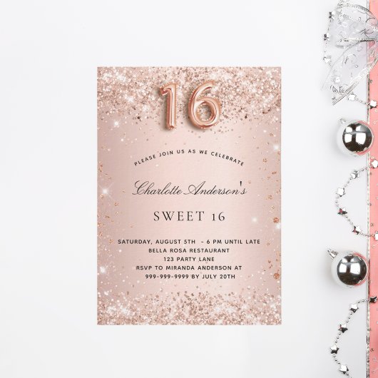 Sweet 16 roos gouden vuile glitter sparkles luxe kaart