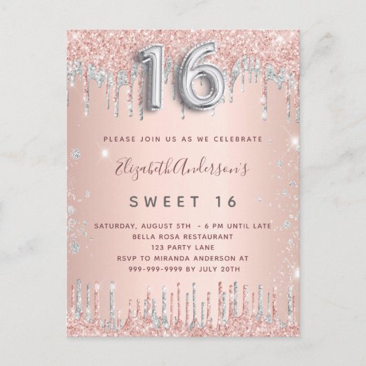 Sweet 16 roos gouden zilverglitter verjaardag uitnodiging briefkaart (Voorkant)