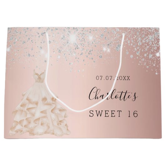 Sweet 16 roos gouden zilverglitterjurk glamoureus groot cadeauzakje (Voorkant)