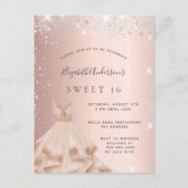 Sweet 16 roos gouden zilverglitterjurk uitnodiging briefkaart (Voorkant)
