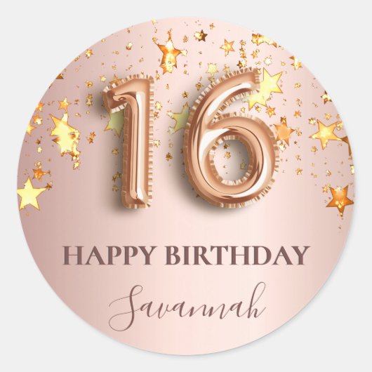 Sweet 16 roos gouden zwarte sterren ronde sticker (Voorkant)