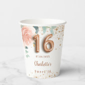 Sweet 16 roos goudflorals glitter-monogram papieren bekers (Achterkant)