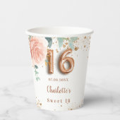 Sweet 16 roos goudflorals glitter-monogram papieren bekers (Voorkant)