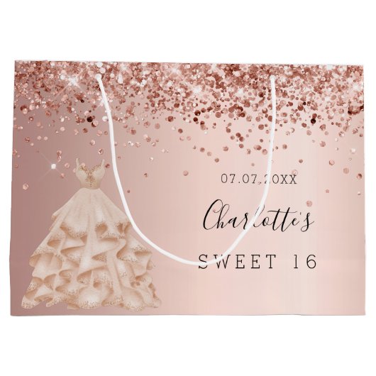 Sweet 16 roos goudglitter-jurk groot cadeauzakje (Achterkant)