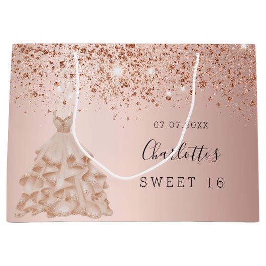 Sweet 16 roos goudglitter jurk groot cadeauzakje (Voorkant)
