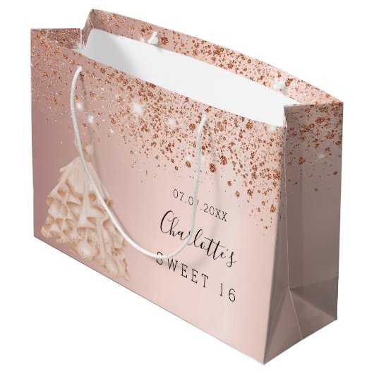 Sweet 16 roos goudglitter jurk groot cadeauzakje (Achterkant Gekanteld)