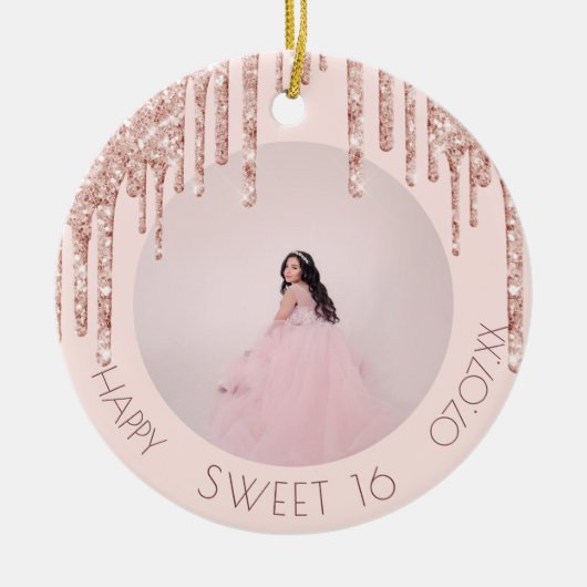 Sweet 16 roos goudglitter keramisch ornament (Voorkant)