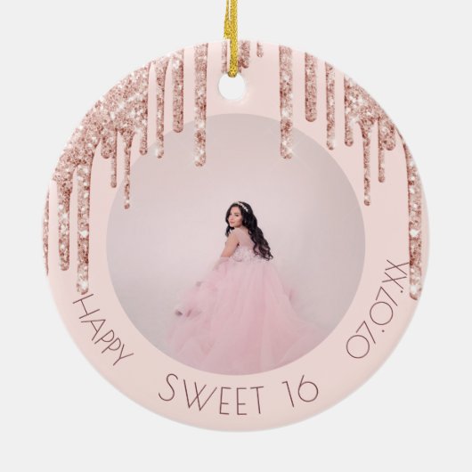 Sweet 16 roos goudglitter keramisch ornament (Achterkant)