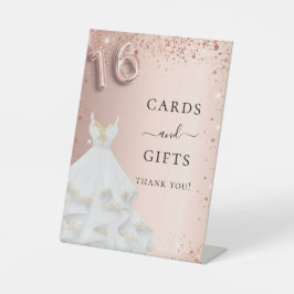 Sweet 16 roos goudglitter-kledingkaartjes cadeaus reclamebord met voetstuk