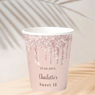Sweet 16 roos goudglitter naam 16e verjaardag papieren bekers