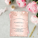 Sweet 16 roos goudglitter verjaardagsfeest uitnodiging briefkaart<br><div class="desc">Een moderne, stijlvolle en glamoureuze uitnodiging voor een Sweet 16, 16e verjaardagsfeestje. Een roos gouden metalen achtergrond met faux glitter stof. De naam wordt geschreven met een modern handgeschreven stijlmanuscript met letters. Pas je partijgegevens aan en voeg deze toe. Tip: als je niet wilt dat het eruit ziet als een...</div>