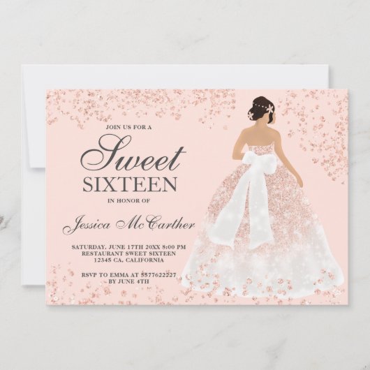 Sweet 16 roos goudglitterjurk kaart (Voorkant)