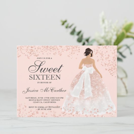 Sweet 16 roos goudglitterjurk kaart (Staand voorkant)