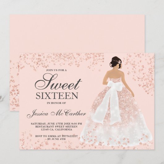 Sweet 16 roos goudglitterjurk kaart (Voorkant / Achterkant)