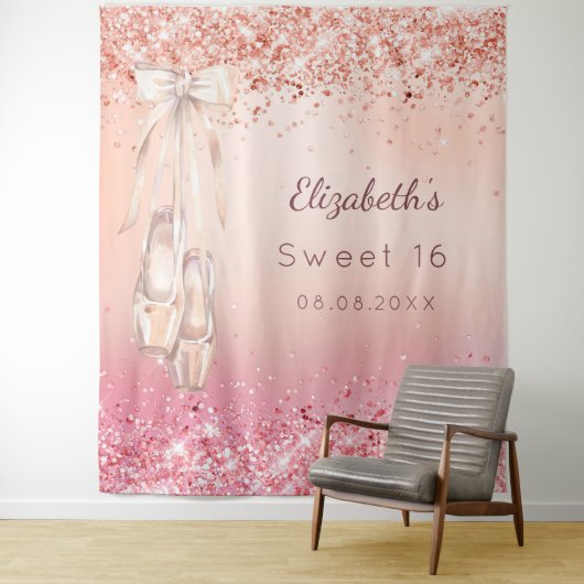 Sweet 16 roos goudroze glitter ballerina schoenen wandkleed (In situ)