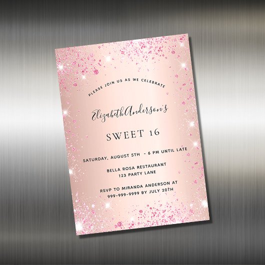 Sweet 16 roos goudroze glitter-magneet
