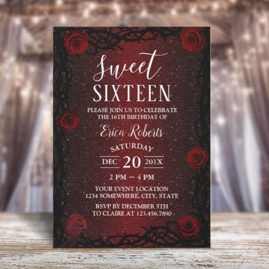 Sweet 16 Roos Vloer & Thorn Burgundy Red Glitter Kaart