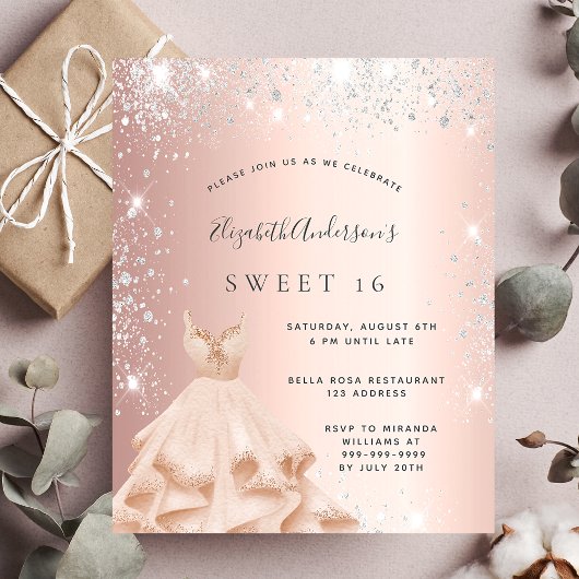 Sweet 16 roos zilveren glitter-budgetuitnodiging